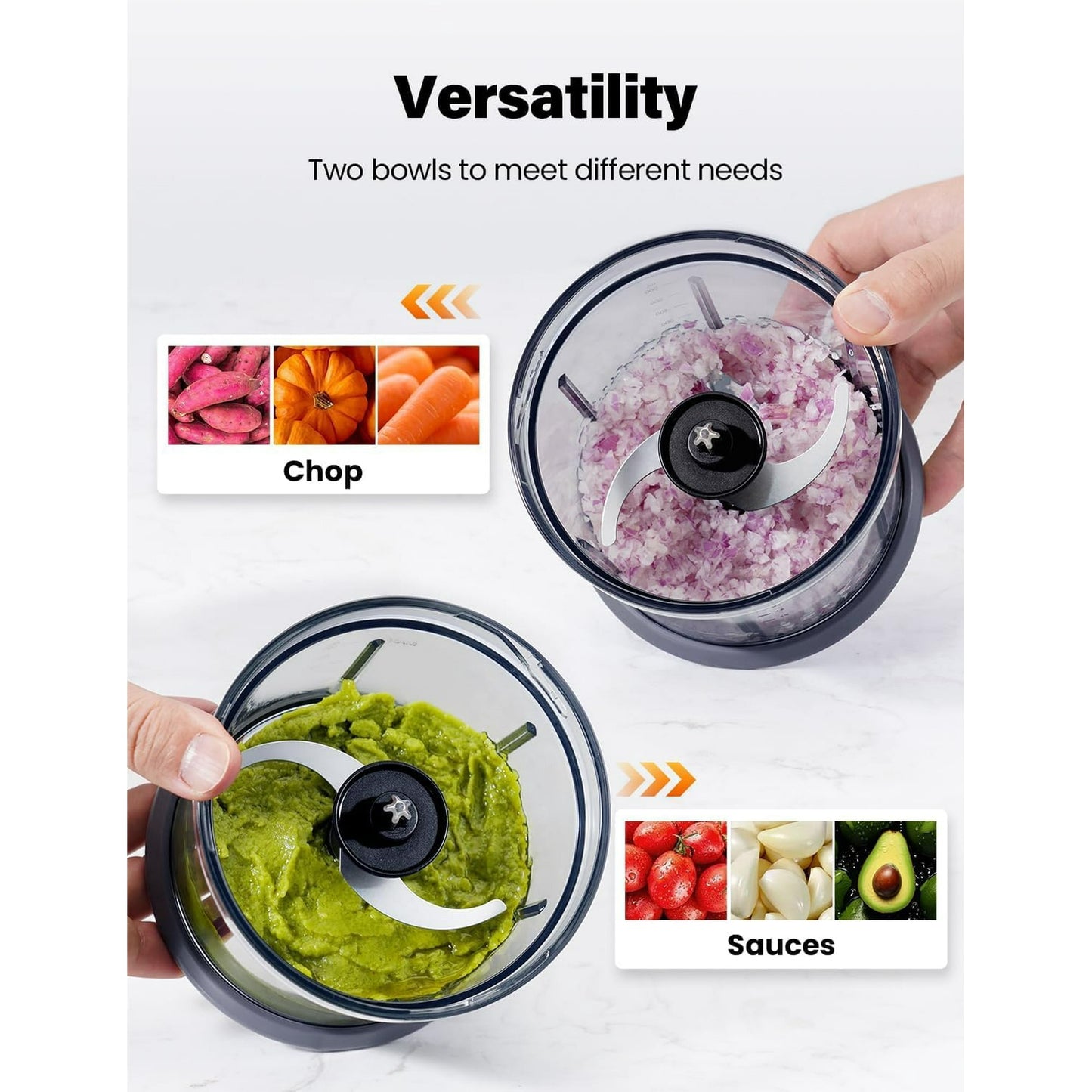 Food Processor 4 Cup, Electric Food Chopper, Small but Powerful Meat Grinder with 2 Bowls, 2 Speed & 4 Blades for Vegetable, Meat, Nuts, Functions for Chopping, Dicing, Mixing and Puree