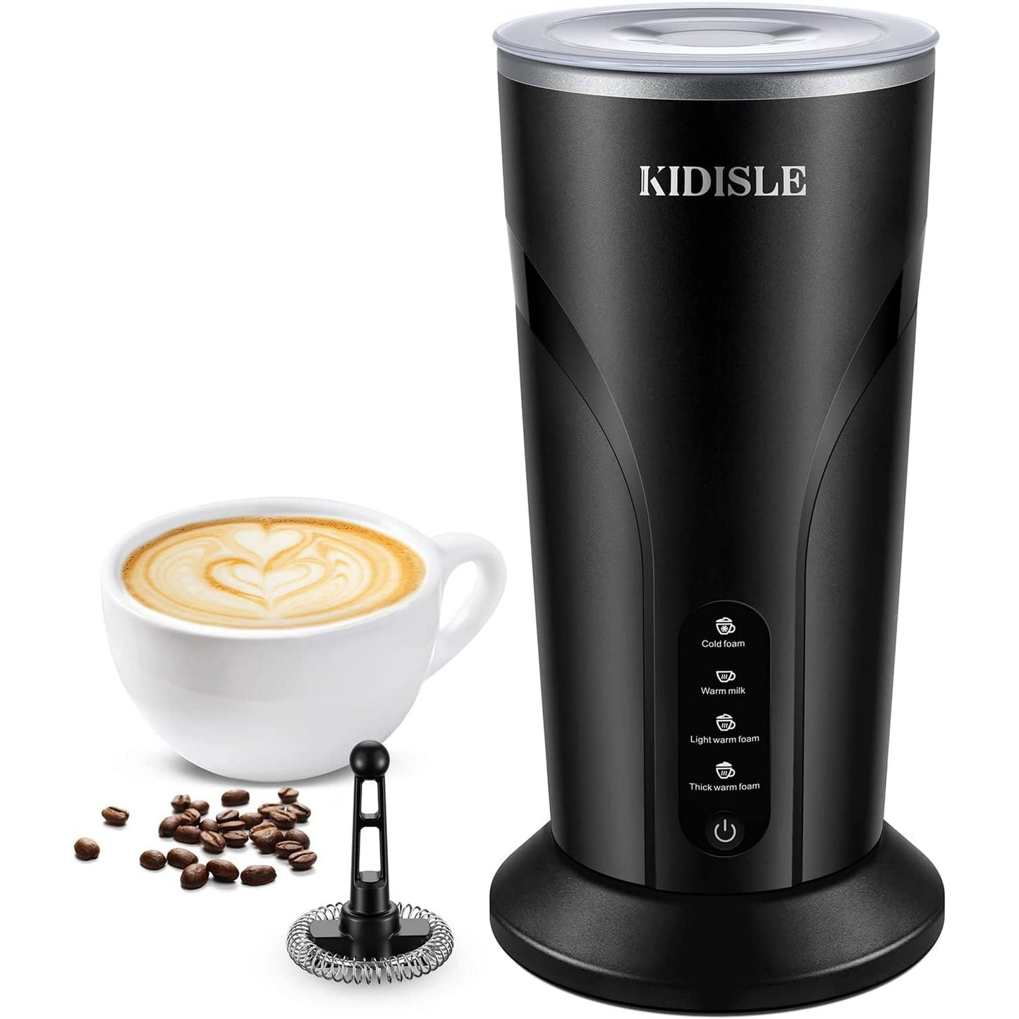 KIDISLE 4-in-1 Milk Frother and Steamer, Electric Milk Steamer with Keep Warm Function, Automatic Warm and Cold Foam Maker for Coffee, Latte, Hot Chocolate, Macchiato, Cappuccinos, Black