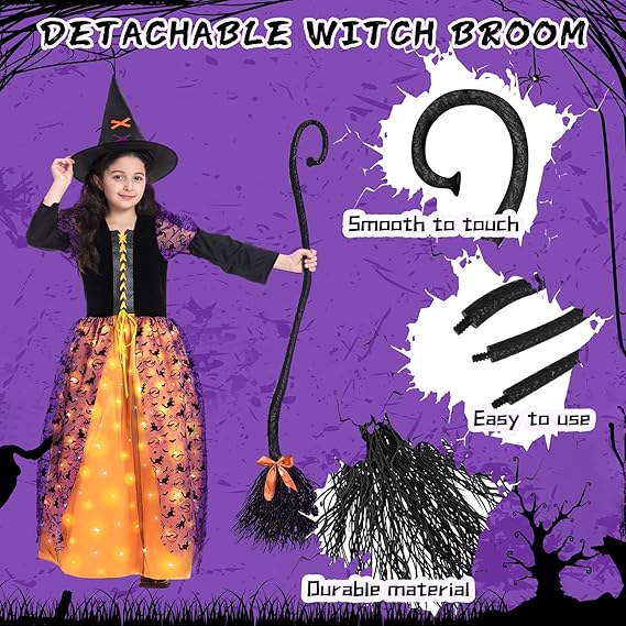 Witch Halloween Costume for Girls, Light Up Witch Dress Deluxe Outfit with Hat and Broom, for Halloween Party
