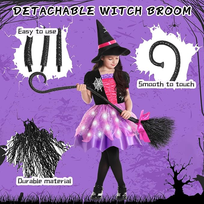 Halloween Witch Costume for Girls, Light Up Witch Dress with Hat and Broom, Toddler Costumes for Role-Play Party