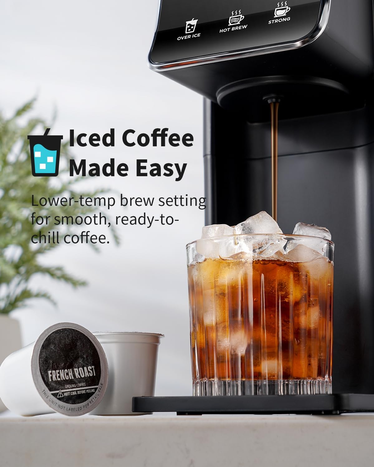 Hot Iced Coffee Maker for K-Cups Ground Coffee, Single-Serve Brewer with Bold Setting, Reusable Filter, Travel Mug Friendly, Compact Quick Brew, Black