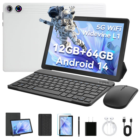 AEEZO Android 14 10 inch Tablet with Case,Octa Core IPS HD Touch Screen, 10GB RAM + 64GB ROM(TF 1TB), Widevine L1, 5000mAh, Wi-Fi 6,Face Unlocked,White+Keyboard & Mouse Set Black