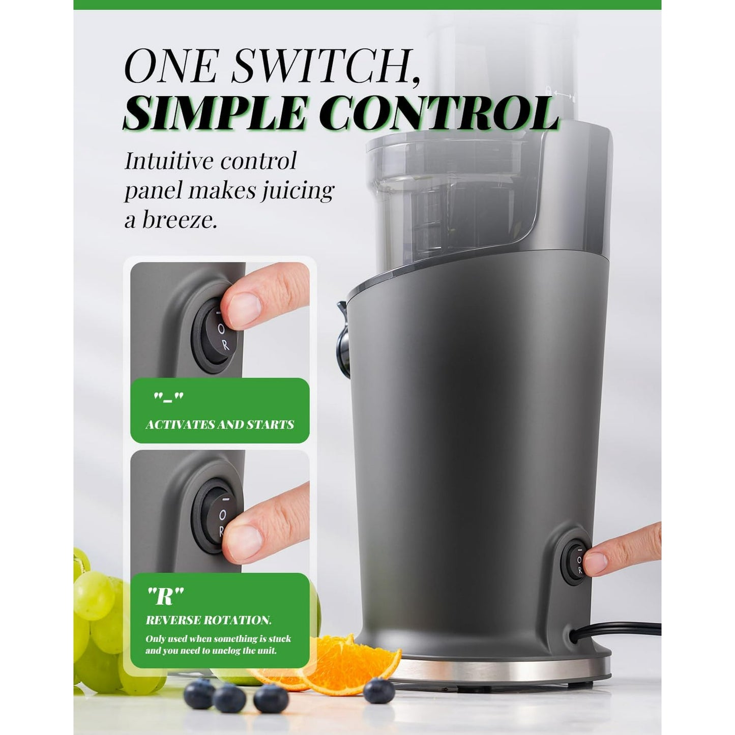 GDOR Cold Press Juicer Machines, Masticating Juicer Extractor with 3.5-Inch Feed Chute, Slow Juicer With High Yield, Easy to Clean,Grey