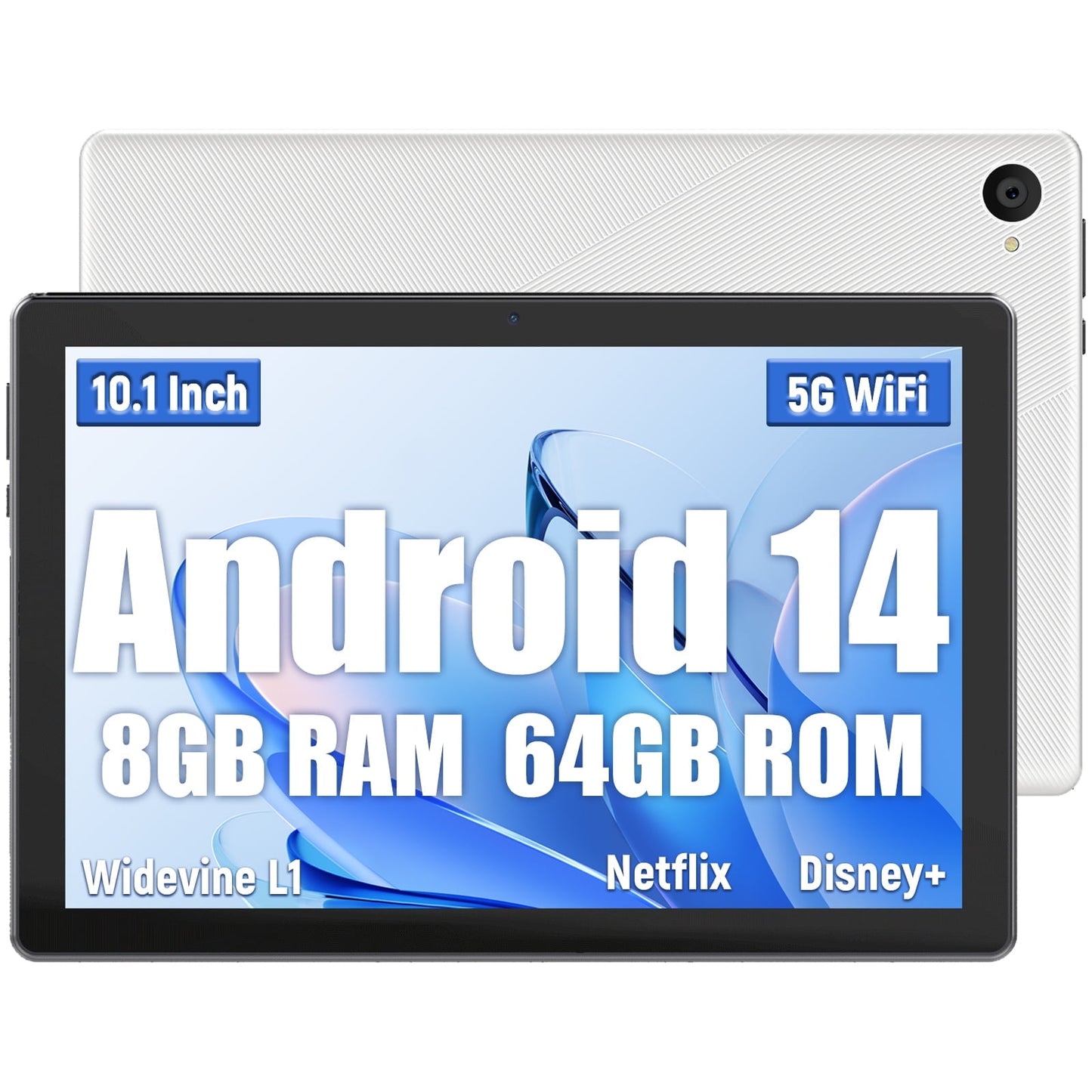 AEEZO Android 14 Tablet, 10.1 inch Tablets with 1280 * 800 IPS HD Touchscreen, Octa-Core Processor, 8GB RAM 64GB ROM, 1TB TF Card Expandable, Widevine L1, Face ID, Wi-Fi 6 - White