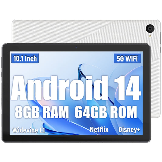 AEEZO Android 14 Tablet, 10.1 inch Tablets with 1280 * 800 IPS HD Touchscreen, Octa-Core Processor, 8GB RAM 64GB ROM, 1TB TF Card Expandable, Widevine L1, Face ID, Wi-Fi 6 - White
