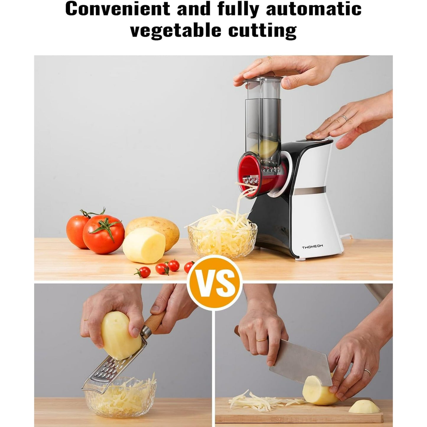 TWOMEOW Electric Cheese Grater Salad Shooter,5-In-1 Electric Slicer For Home Kitchen,One-Touch Easy Control,With Safety Push Bar Cheese Grater Electric For Zucchini,Cheese,Vegetables And Smoothie