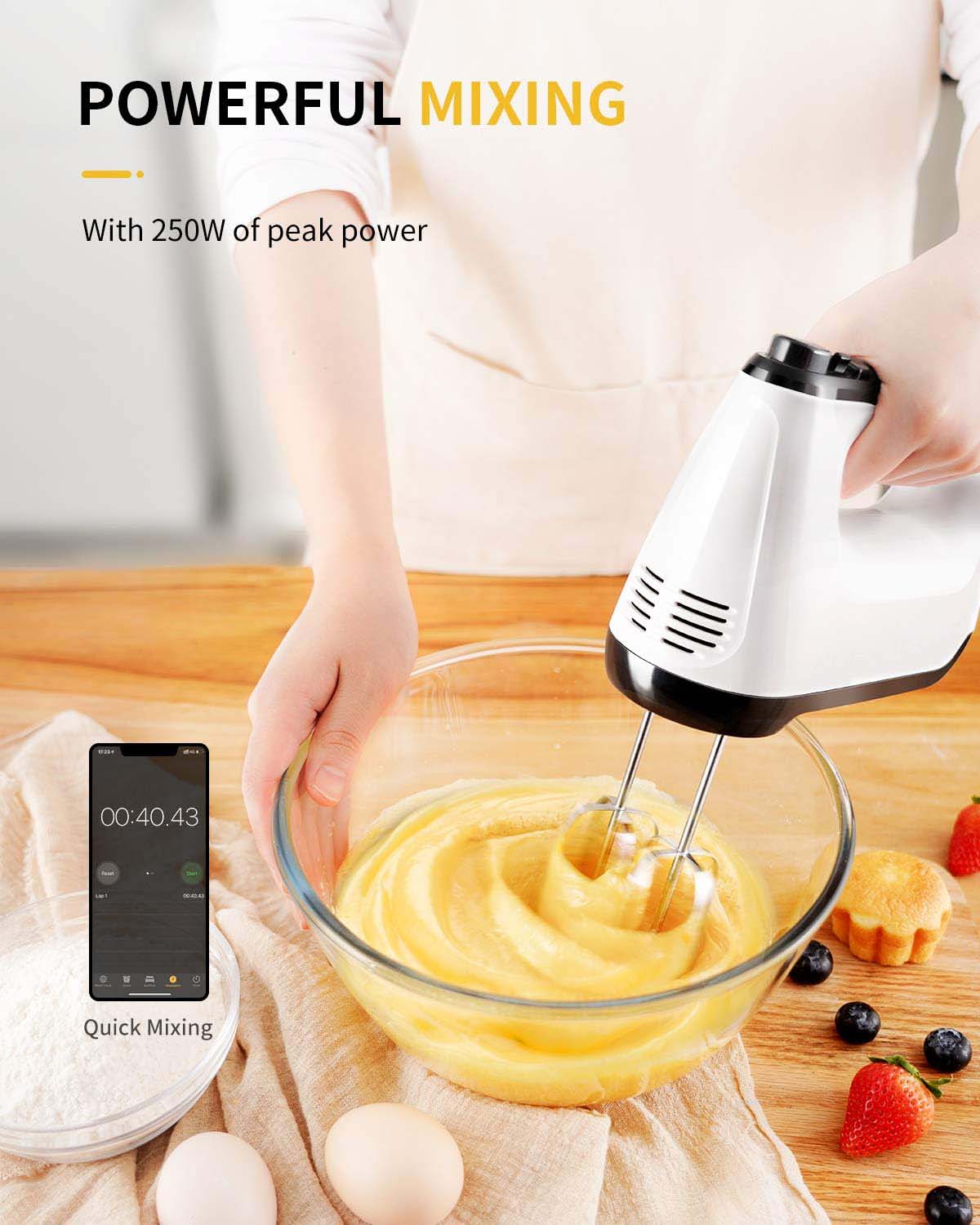 Hand Mixer Electric, 6-Speed Electric Hand Mixer with Whisk, Snap-On Storage Case,5 Stainless Steel Accessories, Kitchen Blender with Cord, White