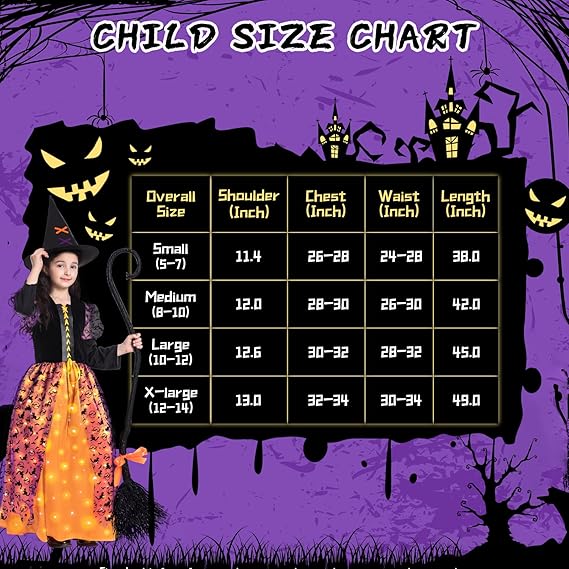 Witch Halloween Costume for Girls, Light Up Witch Dress Deluxe Outfit with Hat and Broom, for Halloween Party