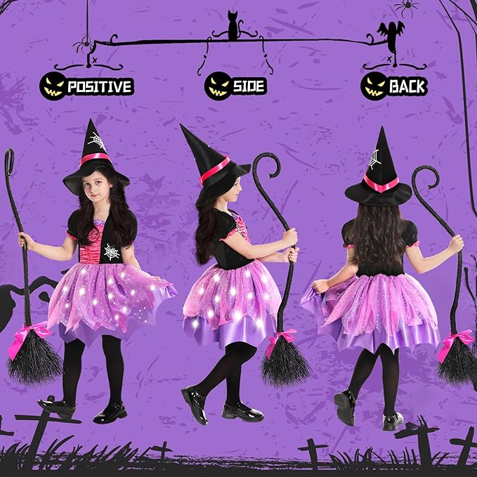 Halloween Witch Costume for Girls, Light Up Witch Dress with Hat and Broom, Toddler Costumes for Role-Play Party