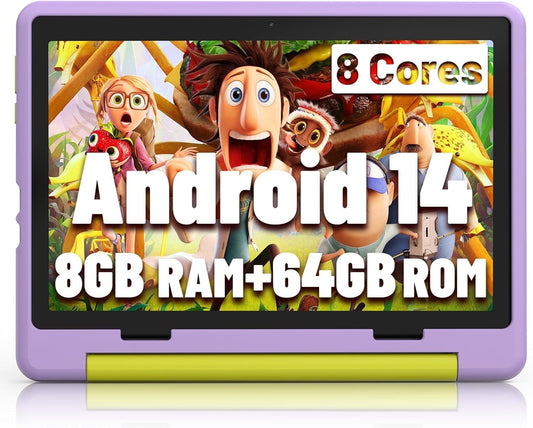 BESTSKI Android 14 10inch Kids Tablet with Protective Case,Octa-Core,8GB RAM+64GB Rom(1TB Expandable)Dual Camera,Parental Control,Pre-Intalled KIDOZ,Great Gift for Toddler-Purple