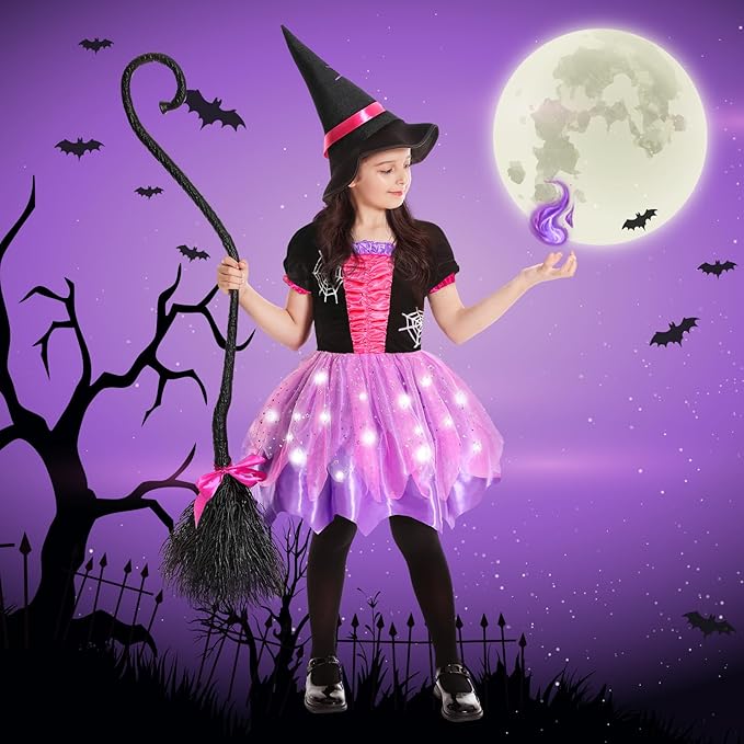 Halloween Witch Costume for Girls, Light Up Witch Dress with Hat and Broom, Toddler Costumes for Role-Play Party