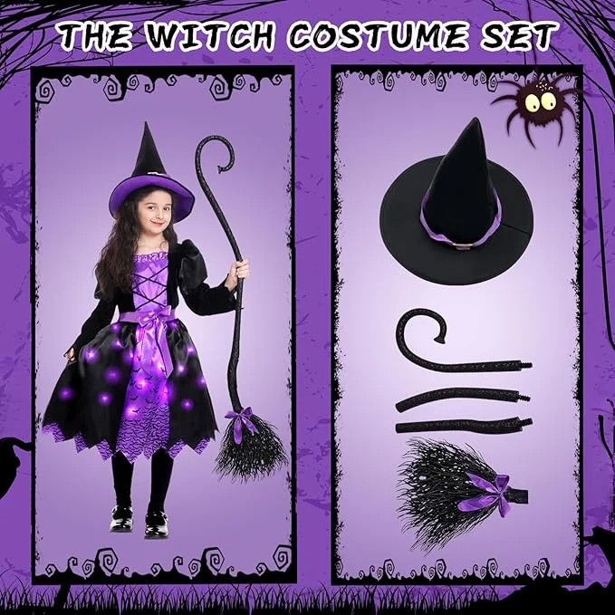 Halloween Girls Witch Costume, Toddler Witch Dress Light Up Set with Hat and Broom, Kids Costumes for Halloween Party