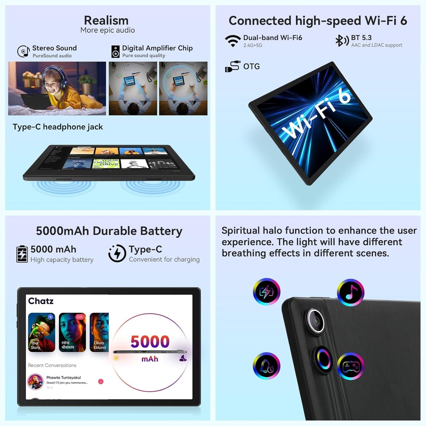 AEEZO Android 14 Tablet with Rechargeable Stereo Speaker Audio Base, 10 inch Tablet with HD IPS Touch Screen, Otca-Core, 14GB RAM 64GB ROM 1T Expand, Wi-Fi 6, BT 5.3, Dual Camera, Google Tablet