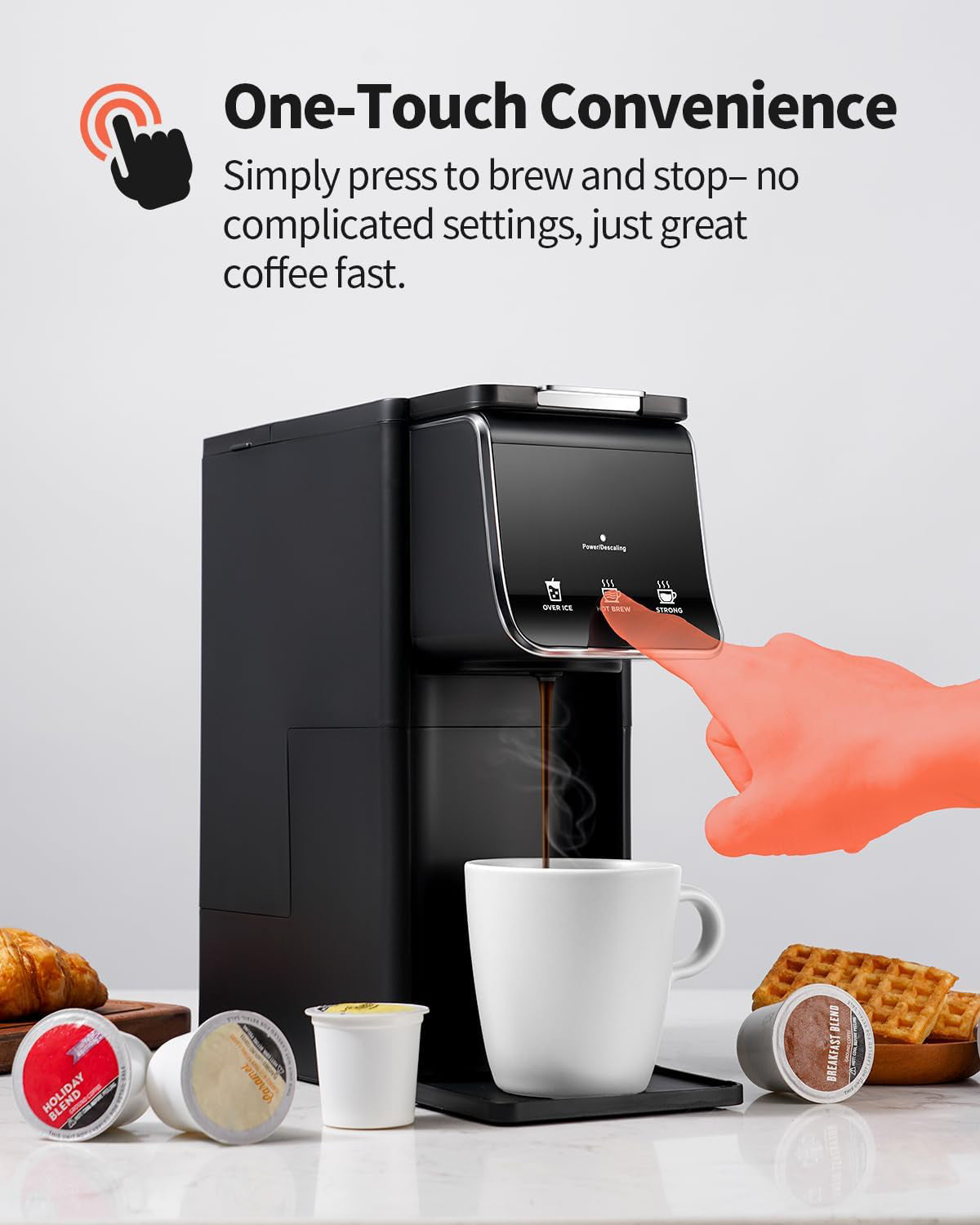 Hot Iced Coffee Maker for K-Cups Ground Coffee, Single-Serve Brewer with Bold Setting, Reusable Filter, Travel Mug Friendly, Compact Quick Brew, Black