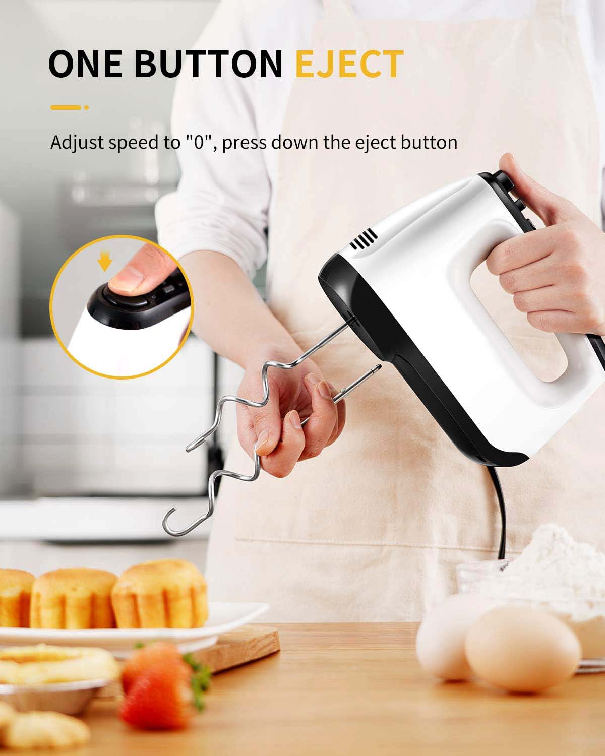 Hand Mixer Electric, 6-Speed Electric Hand Mixer with Whisk, Snap-On Storage Case,5 Stainless Steel Accessories, Kitchen Blender with Cord, White