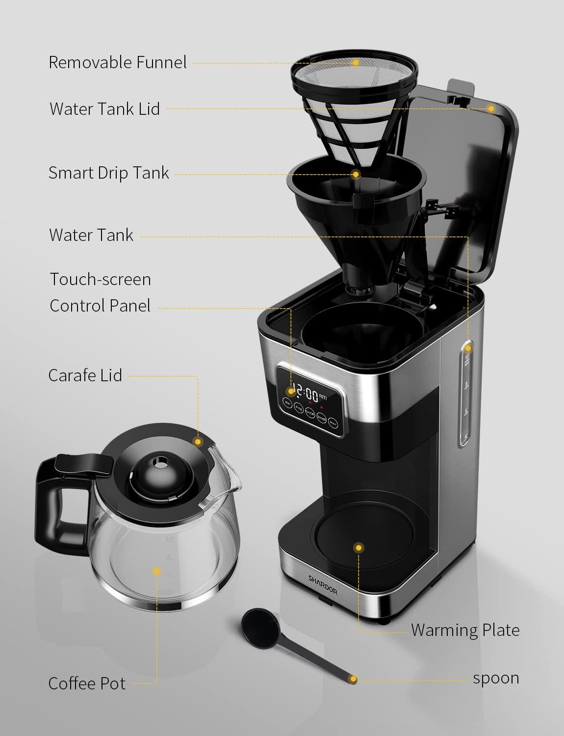 10-Cup Programmable Coffee Maker, Regular & Strong Brew Drip Coffee Machine for Home and Office, Auto Shut Off, Permanent Filter, Silver