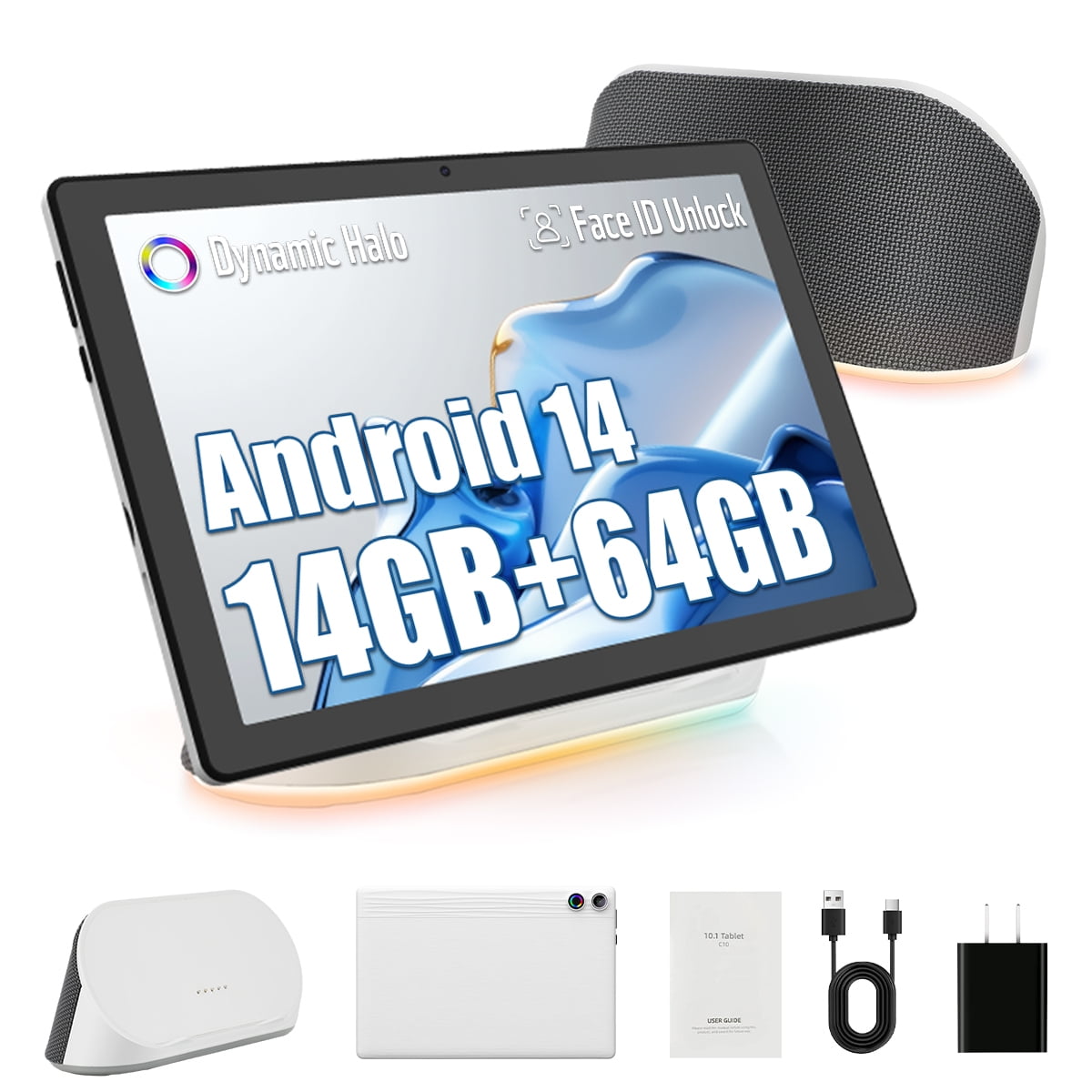 Android 14 Tablet with Rechargeable Stereo Speaker Audio Base, 10 inch Tablet with HD IPS Touch Screen, Otca-Core, 14GB RAM 64GB ROM 1T Expand, Wi-Fi 6, BT 5.3, Dual Camera, Tablet,White