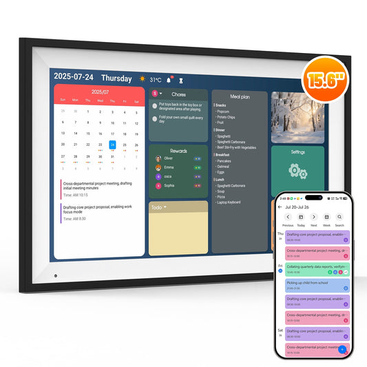AEEZO Wifi15.6" Smart Digital Calendar ¨C 1920¡Á1080 Full HD Touchscreen Family Planner & Calendar with Chore Chart & Meal Planner, Wall-Mountable,Black+Plastic Frame