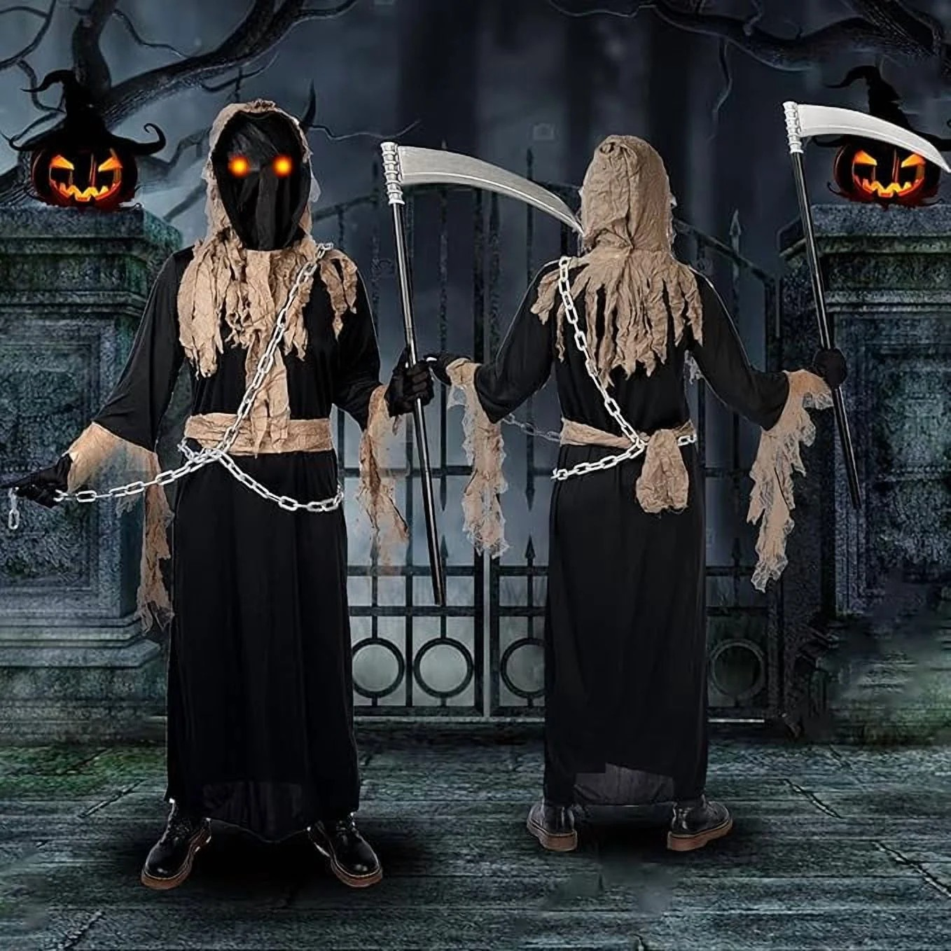Kids Grim Reaper Costume with Glowing Red Eyes, Halloween Phantom Outfit Includes Scythe & Gloves