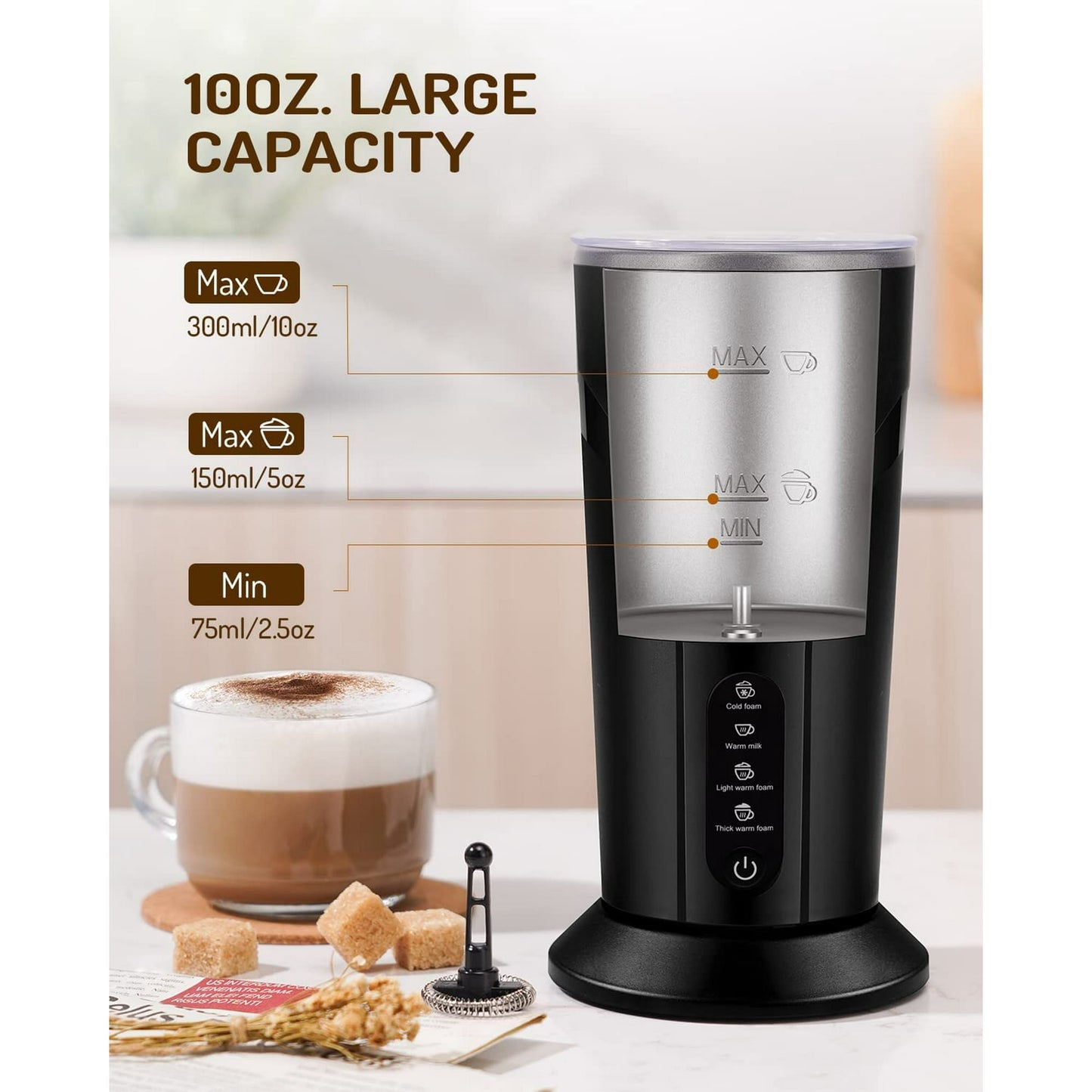 KIDISLE 4-in-1 Milk Frother and Steamer, Electric Milk Steamer with Keep Warm Function, Automatic Warm and Cold Foam Maker for Coffee, Latte, Hot Chocolate, Macchiato, Cappuccinos, Black