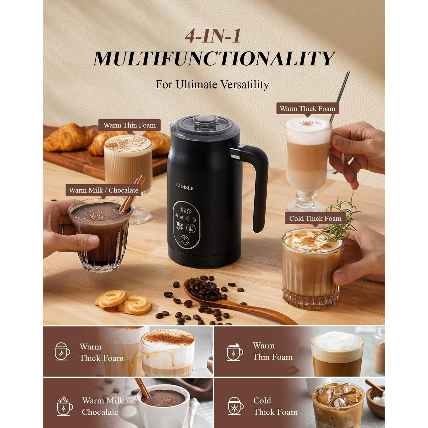 KIDISLE Electric Milk Frother, 4 In 1 Milk Frother and Steamer With Temperature Control, Automatic Warm and Cold Foam Maker for Coffee, Latte, Hot Chocolate, Cappuccinos, Macchiato, Black