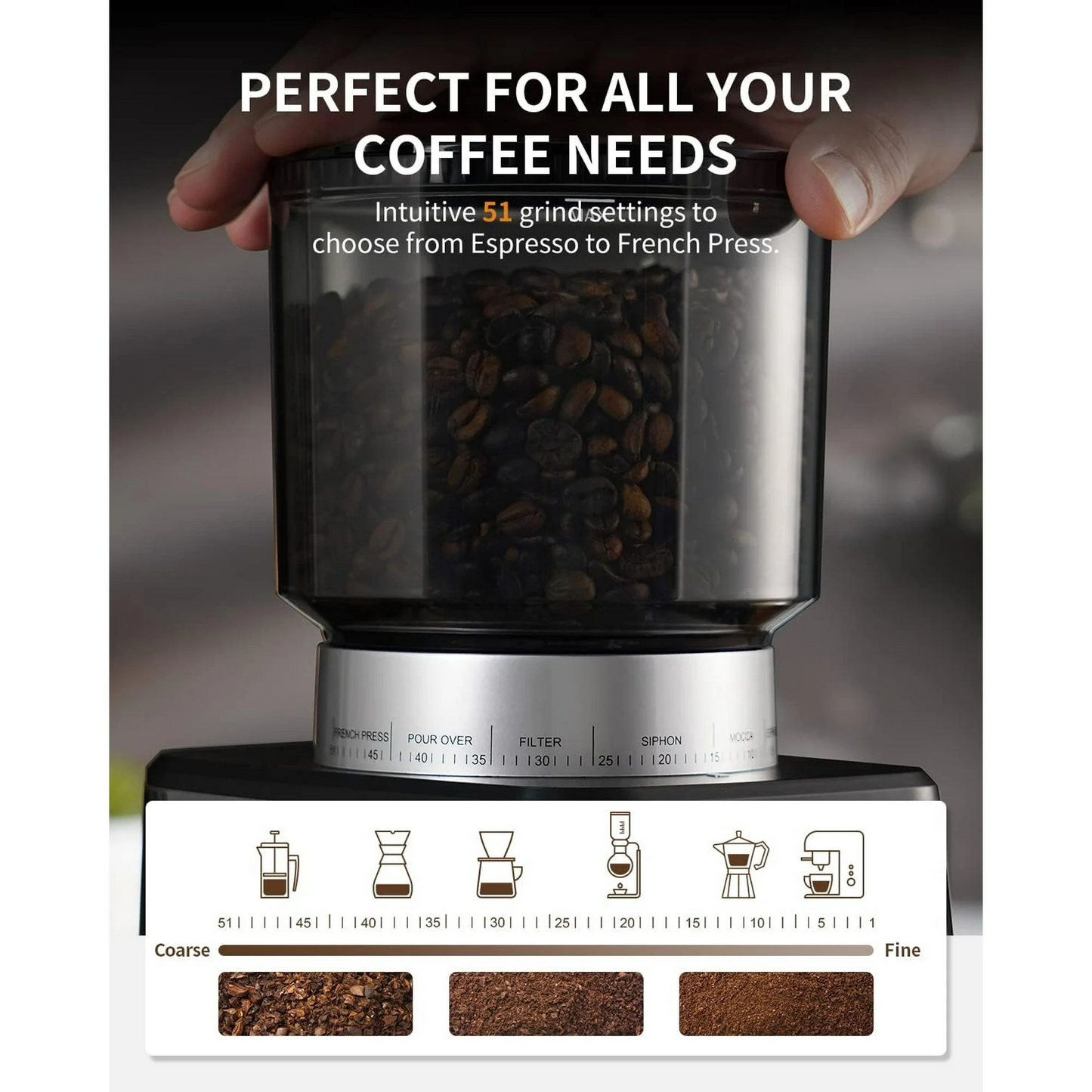 GDOR Conical Burr Espresso Coffee Grinder Electric with Precision Timer 2.0, Touchscreen Adjustable Burr Mill with 51 Precise Settings for Home Use, Anti-static, Stainless Steel