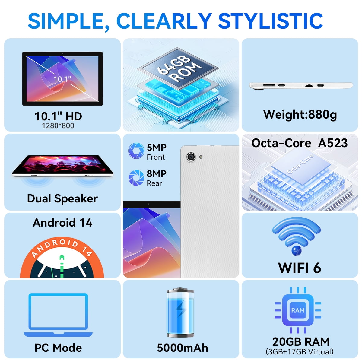 AEEZO Android 14 Tablet 10inch with Keyboard set,20GB RAM+ 64GB ROM/1TB Expandable,Octa-Core 2.4 GHz,5MP + 8MP, 5000mAh, White