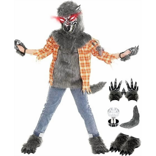 Boys Werewolf Costume with Light Up Mask - Full Set Gloves, Shoe Covers, Tail, Fangs