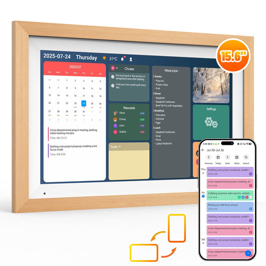 AEEZO Wifi15.6" Smart Digital Calendar ¨C 1920¡Á1080 Full HD Touchscreen Family Planner & Calendar with Chore Chart & Meal Planner, Wall-Mountable,Black+ Wooden Frame