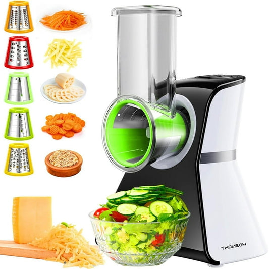 TWOMEOW Electric Cheese Grater Salad Shooter,5-In-1 Electric Slicer For Home Kitchen,One-Touch Easy Control,With Safety Push Bar Cheese Grater Electric For Zucchini,Cheese,Vegetables And Smoothie