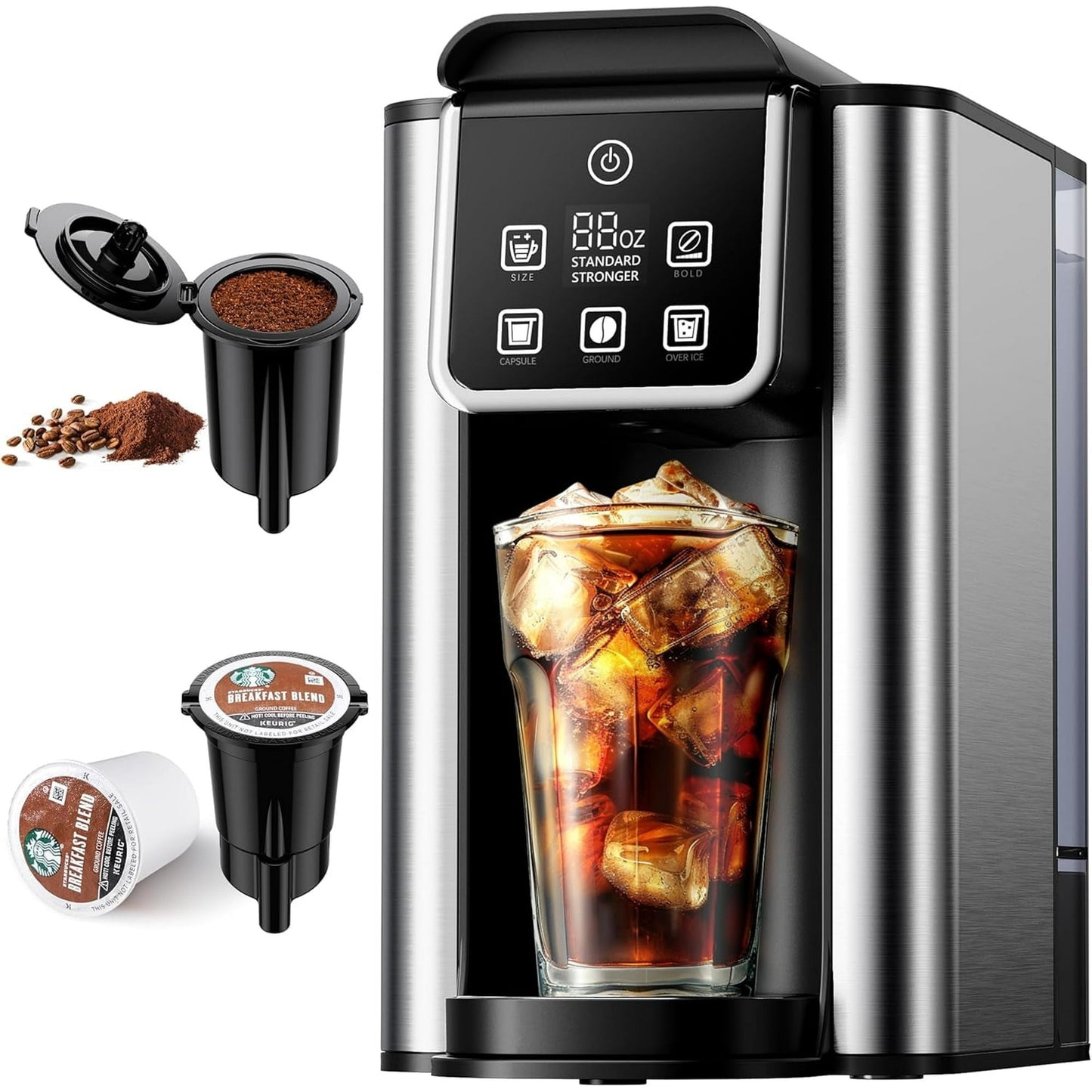 KIDISLE Hot & Iced Coffee Maker with Bold Setting, Single Serve Coffee Maker for K Cup and Grounds, 6-14 oz Brew Sizes, 50 oz Removable Water Tank, One Cup Coffee Machine with Reusable Filter, Black