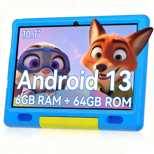AEEZO 10-inch Kids Tablet with Android 13, HD IPS Display Tablet for Kids, 6GB RAM, 64GB ROM, Quad-Core Processor, Kidoz Pre Installed& Kids Education, Parental Control,-Proof Case (Blue)