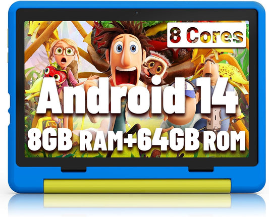 BESTSKI Android 14 10inch Kids Tablet with Protective Case,Octa-Core,8GB RAM+64GB Rom(1TB Expandable)Dual Camera,Parental Control,Pre-Intalled KIDOZ,Great Gift for Toddler-Blue