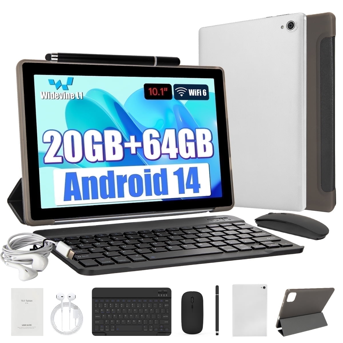 Android 14 Tablet 10inch with Keyboard set,8GB RAM+ 64GB ROM/1TB Expandable,Octa-Core 2.4 GHz,5MP + 8MP, 5000mAh, White
