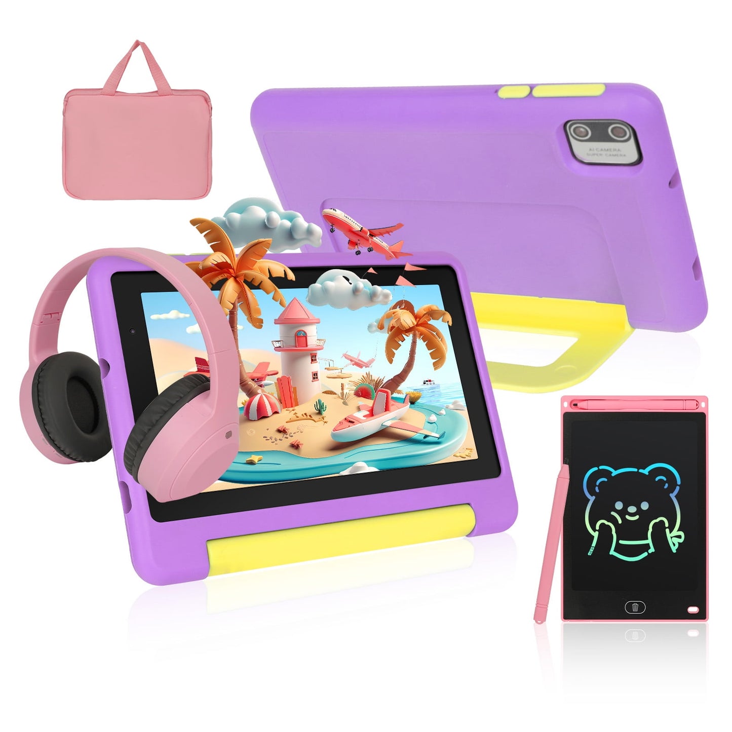 Kids Learning tablet Bundle 7inch for Kids, 8GB RAM+64GB ROM (Expand to 128GB), Parental Control, Kids Software Pre-Installed, Dual Camera - Headphones, Stylus & Bag,Pink