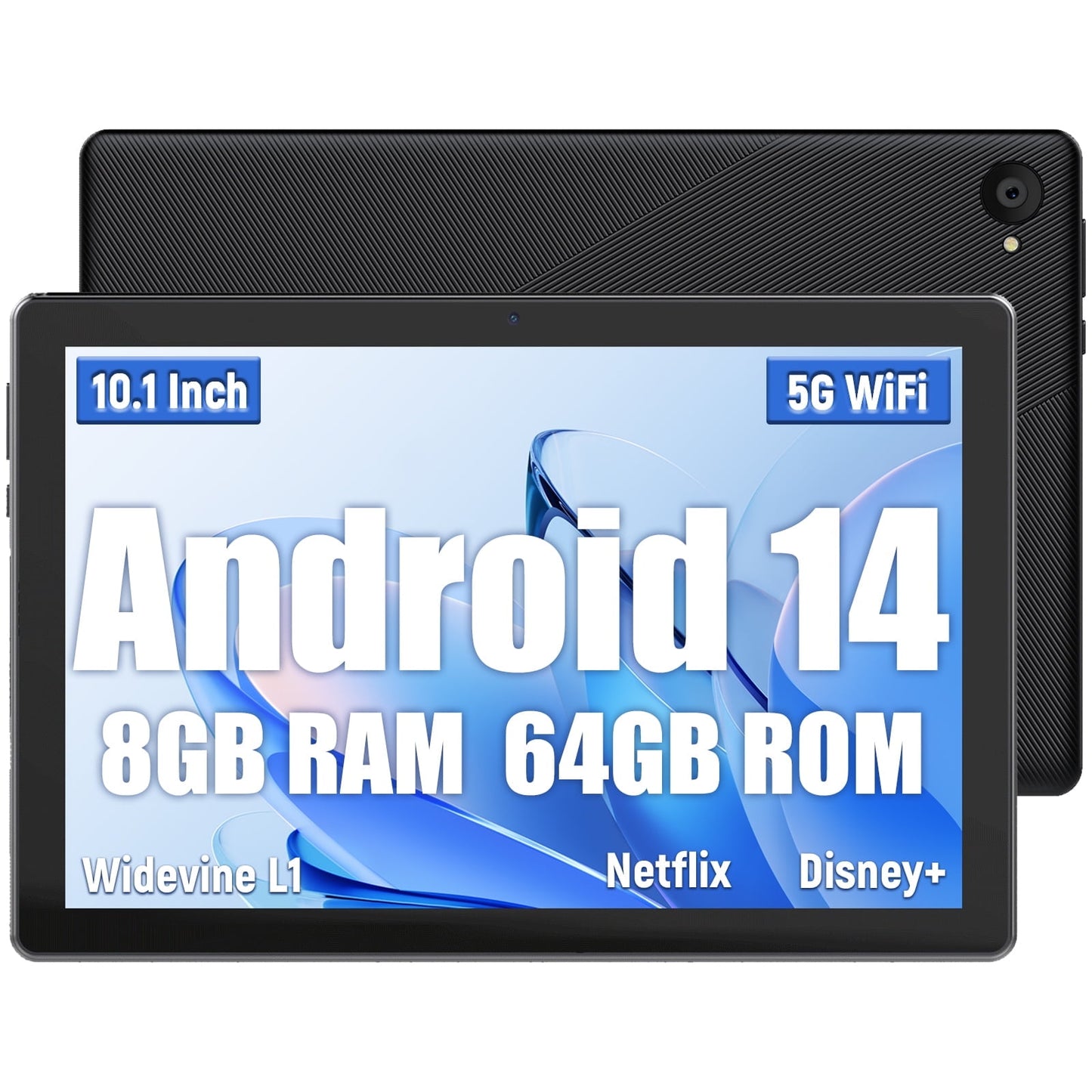 AEEZO Android 14 Tablet, 10.1 inch Tablets with 1280 * 800 IPS HD Touchscreen, Octa-Core Processor, 8GB RAM 64GB ROM, 1TB TF Card Expandable, Widevine L1, Face ID, Wi-Fi 6 - Black