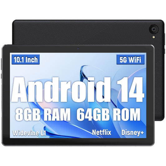 AEEZO Android 14 Tablet, 10.1 inch Tablets with 1280 * 800 IPS HD Touchscreen, Octa-Core Processor, 8GB RAM 64GB ROM, 1TB TF Card Expandable, Widevine L1, Face ID, Wi-Fi 6 - Black