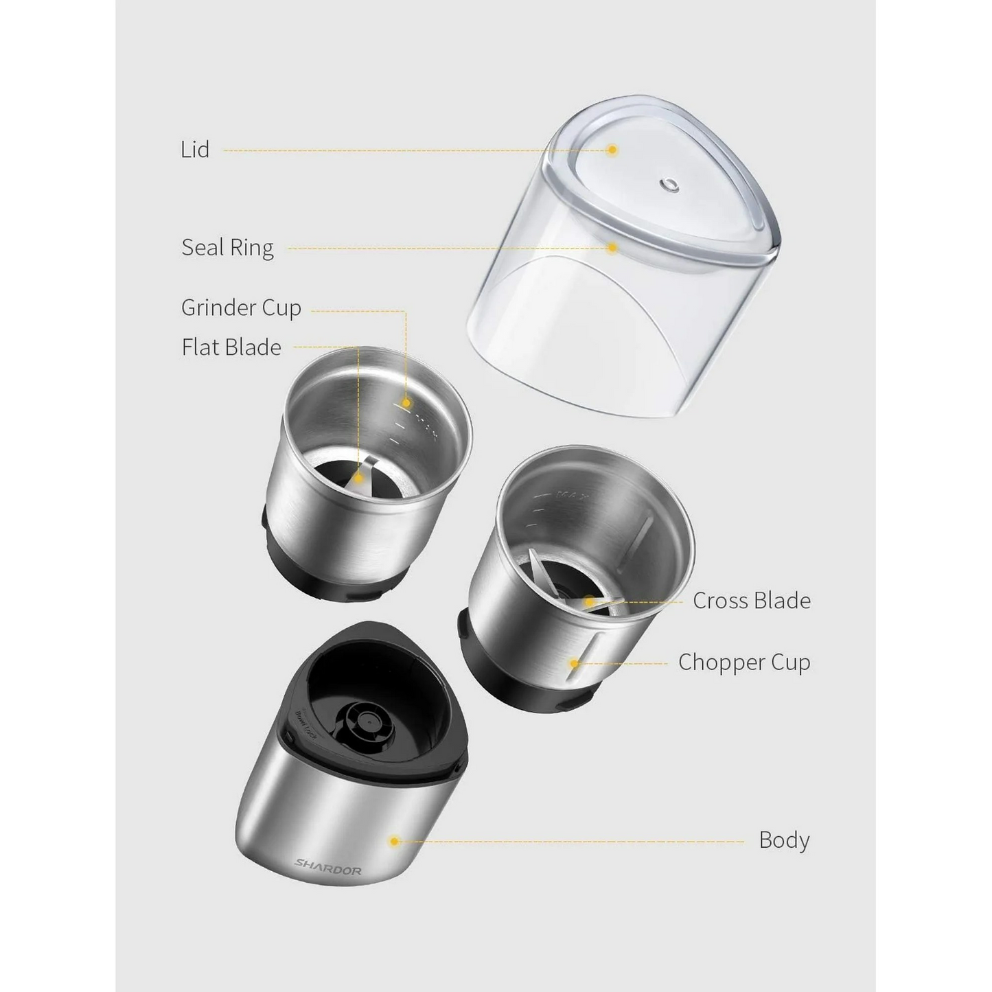 GDOR Coffee Grinder Electric Herb/Wet Grinder for Spices and Seeds with 2 Removable Stainless Steel Bowls, Silver