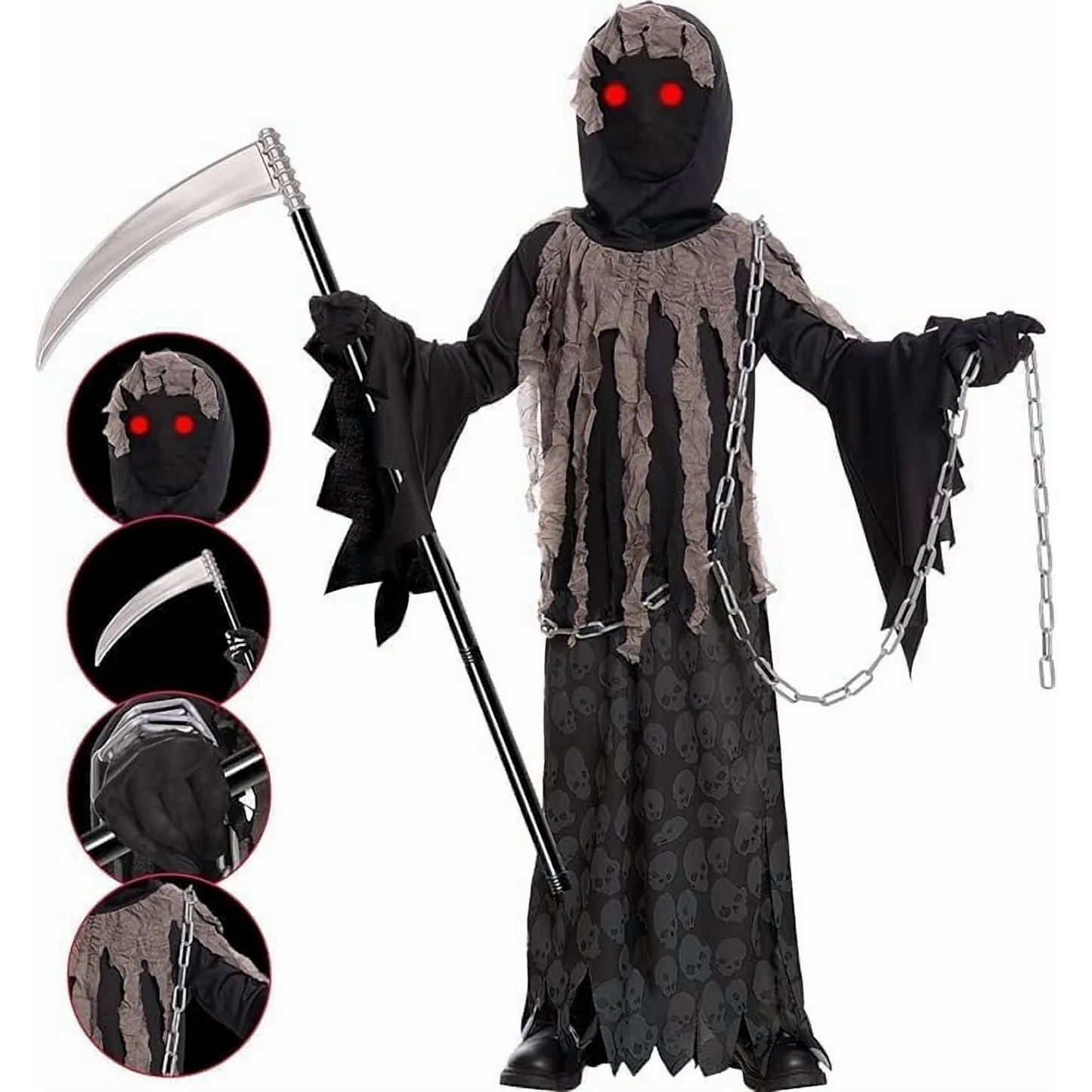 Kids Grim Reaper Costume with Glowing Red Eyes, Halloween Phantom Outfit Includes Scythe & Gloves