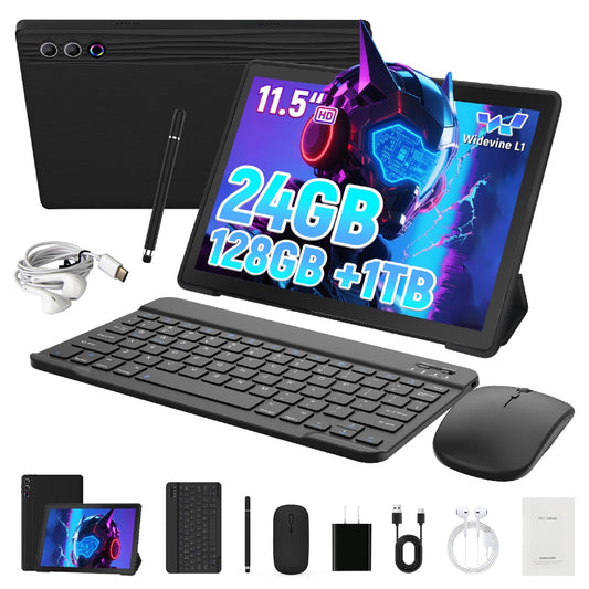 Android 15 11.5inch Tablet, 24GB RAM 128GM ROM 1TB Expand, Octa-core Tablet with Keyboard Mouse Stylus Pen set,8400mAh Battery 8MP+13MP Camera, 6G WiFi, Widevine L1 - Black