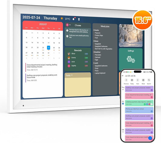 AEEZO Wifi15.6" Smart Digital Calendar ¨C 1920¡Á1080 Interactive Touchscreen Family Planner & Calendar with Chore Chart & Meal Planner, Wall-Mountable,White+Plastic Frame