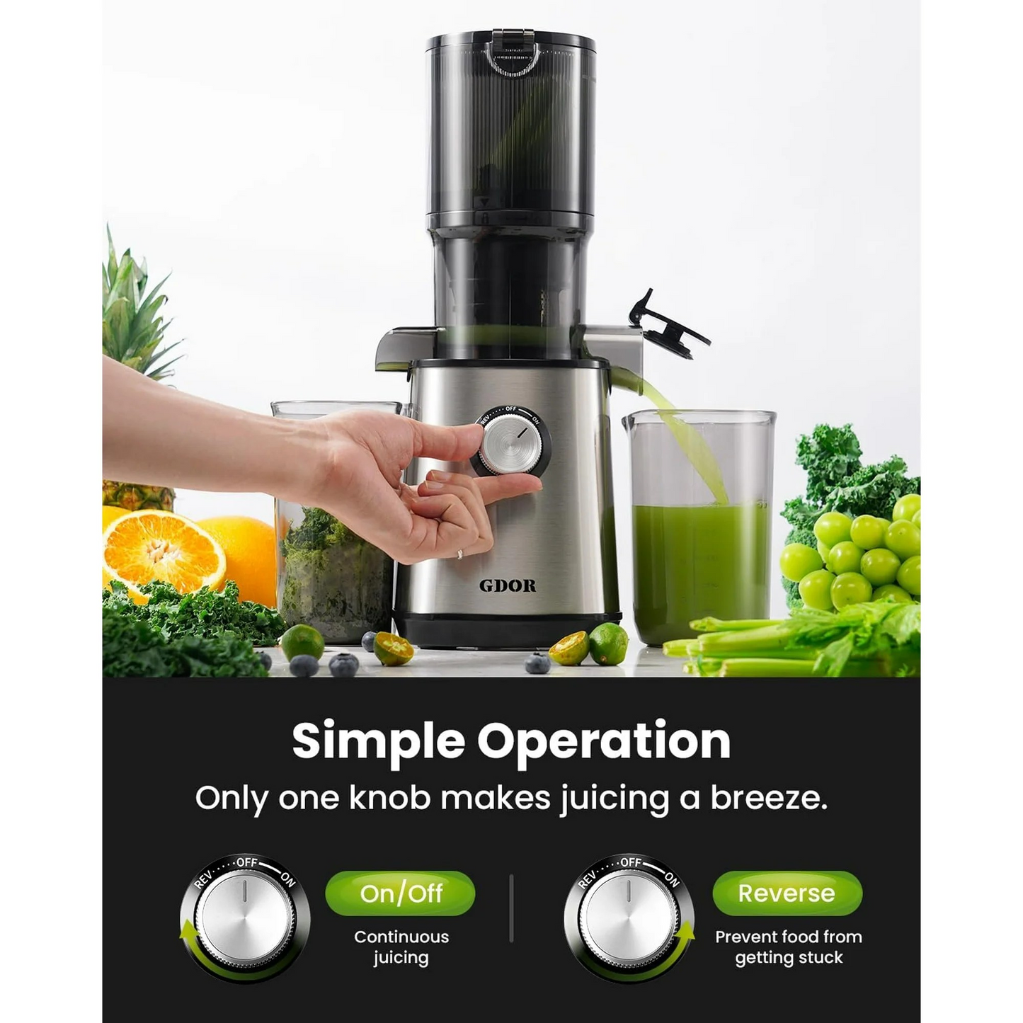 Cold Press Juicer Machines, 4.25'' Large Feed Chute Masticating Slow Juicer Fits Whole Fruits and Vegetables, Low Noise, Silver