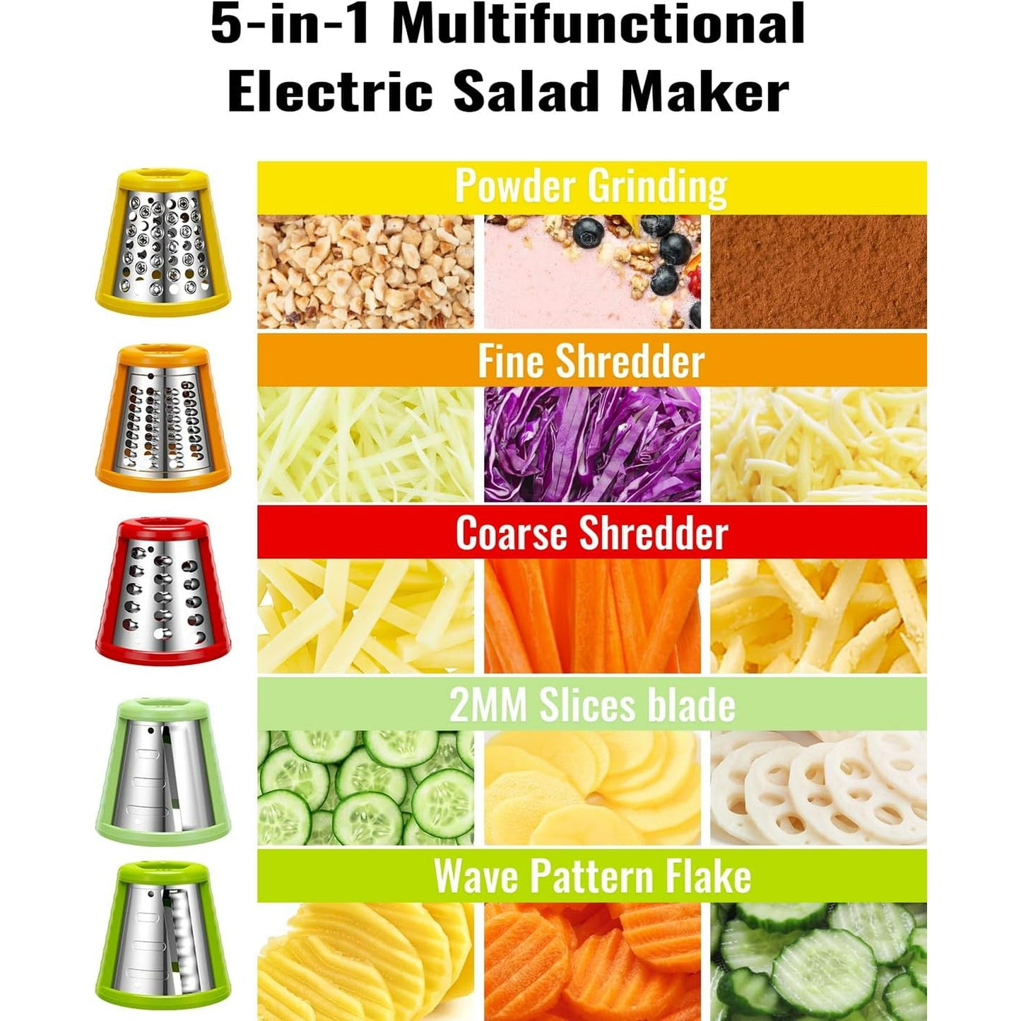 TWOMEOW Electric Cheese Grater Salad Shooter,5-In-1 Electric Slicer For Home Kitchen,One-Touch Easy Control,With Safety Push Bar Cheese Grater Electric For Zucchini,Cheese,Vegetables And Smoothie