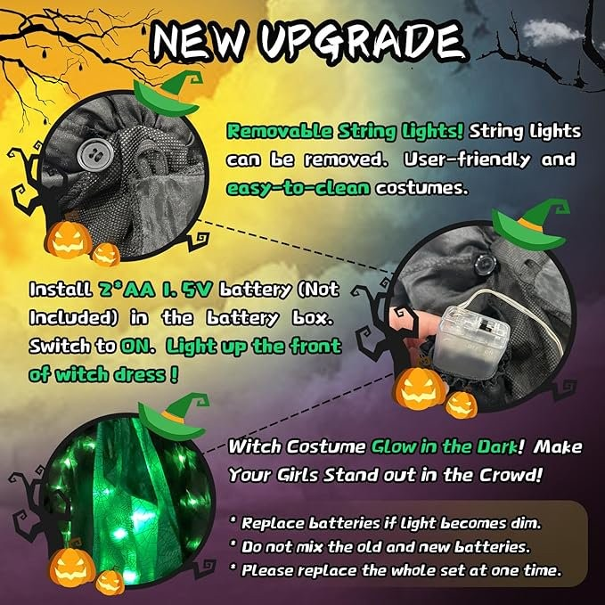 Girls Witch Halloween Costumes, Light Up Halloween Witch Dress with Broom and Hat for Kids Cosplay Party