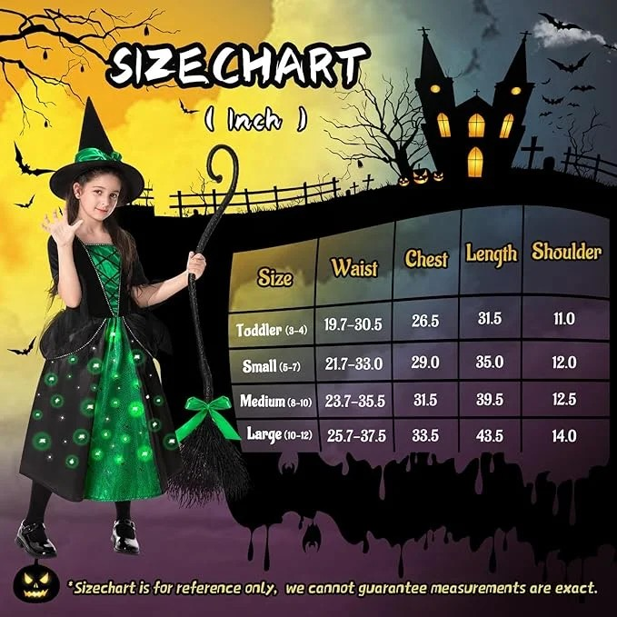 Girls Witch Halloween Costumes, Light Up Halloween Witch Dress with Broom and Hat for Kids Cosplay Party