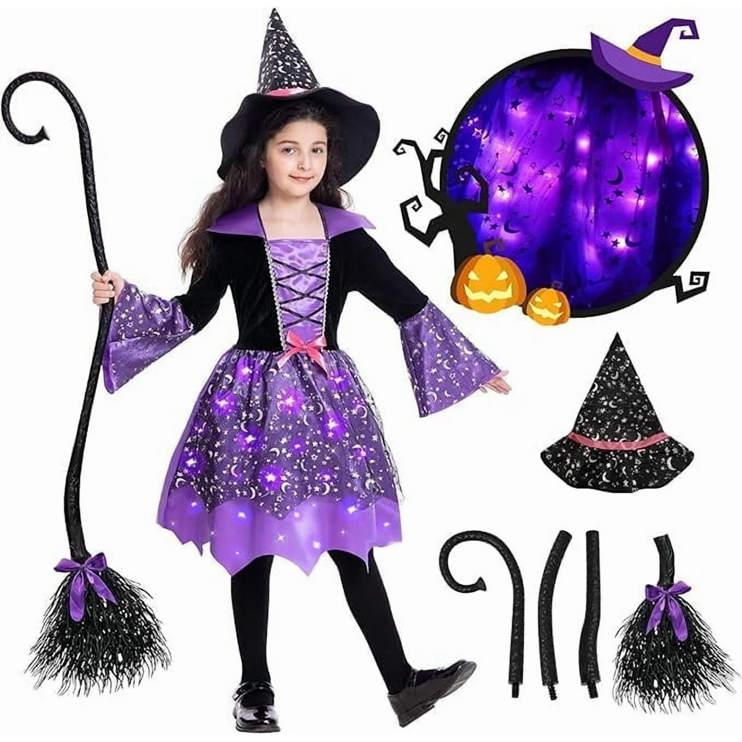 Light Up Witch Costume for Girls, Witch Halloween Costumes with Witch Broom Hat Dress for Halloween Party Gift