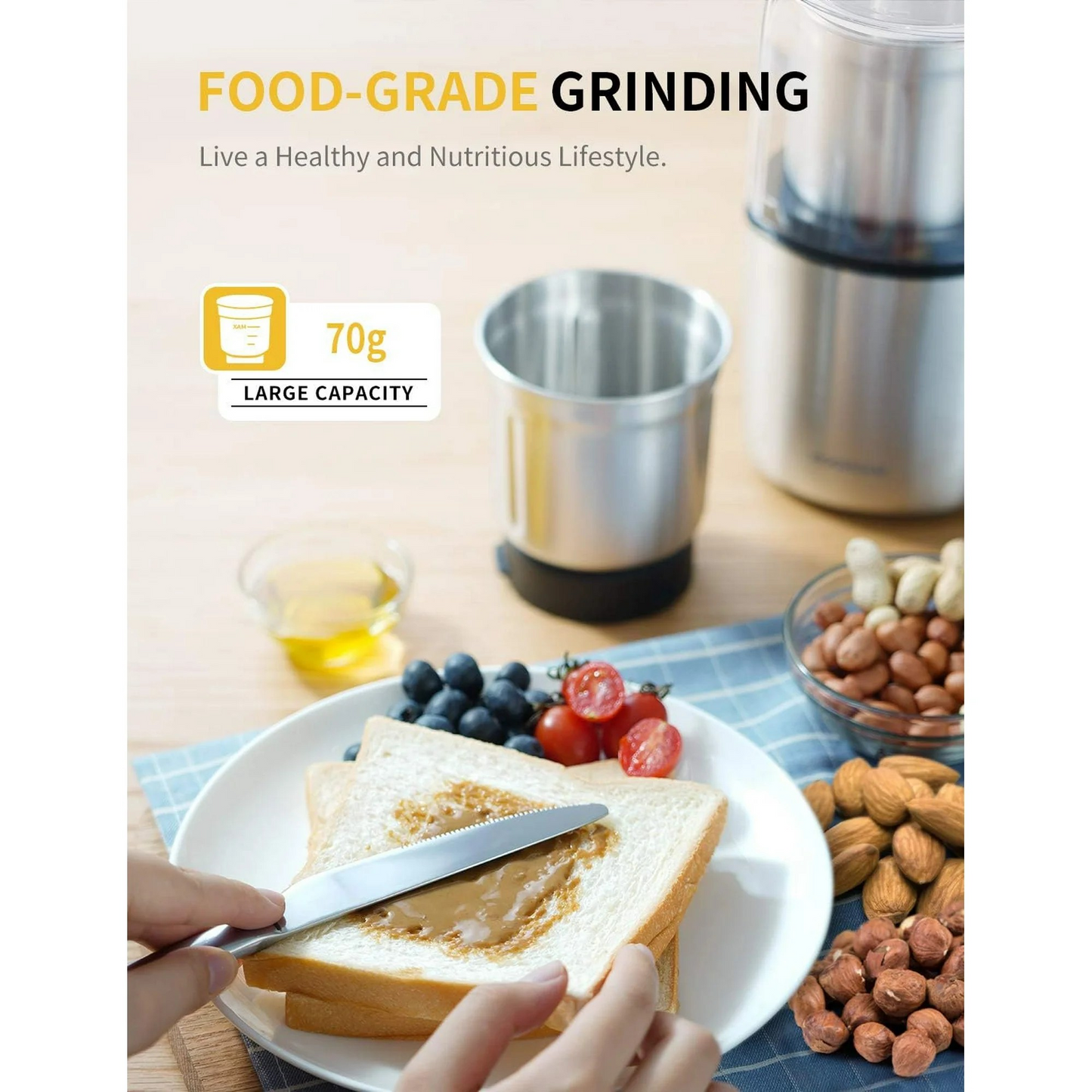 GDOR Coffee Grinder Electric Herb/Wet Grinder for Spices and Seeds with 2 Removable Stainless Steel Bowls, Silver