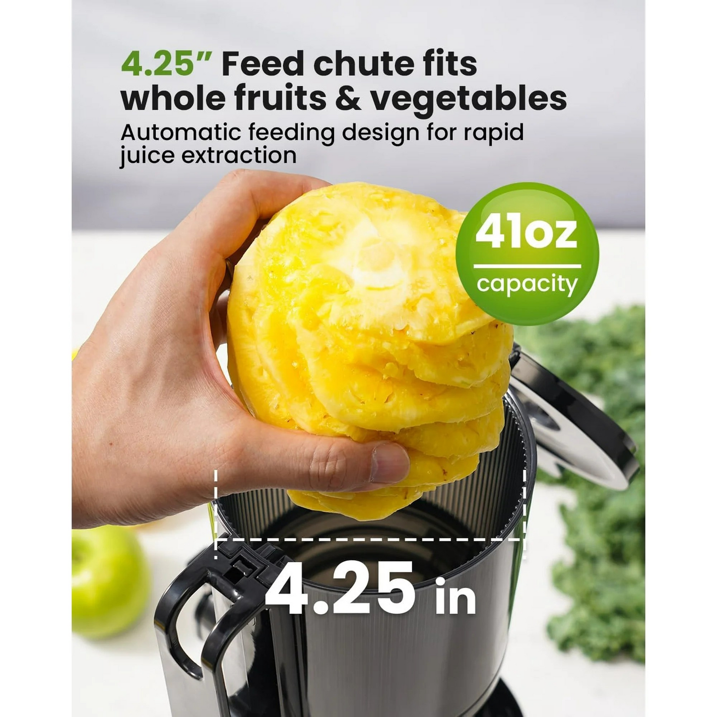 Cold Press Juicer Machines, 4.25'' Large Feed Chute Masticating Slow Juicer Fits Whole Fruits and Vegetables, Low Noise, Silver