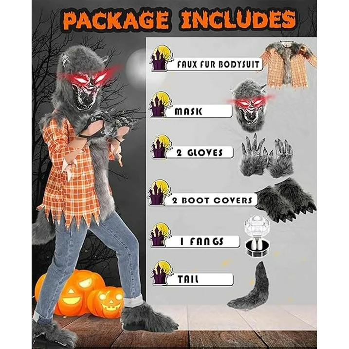 Boys Werewolf Costume with Light Up Mask - Full Set Gloves, Shoe Covers, Tail, Fangs