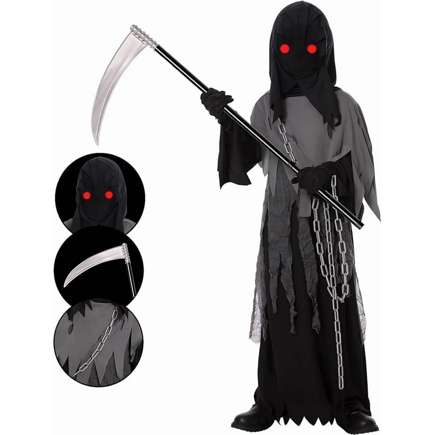 Kids Grim Reaper Costume with Glowing Red Eyes, Halloween Phantom Outfit Includes Scythe & Gloves